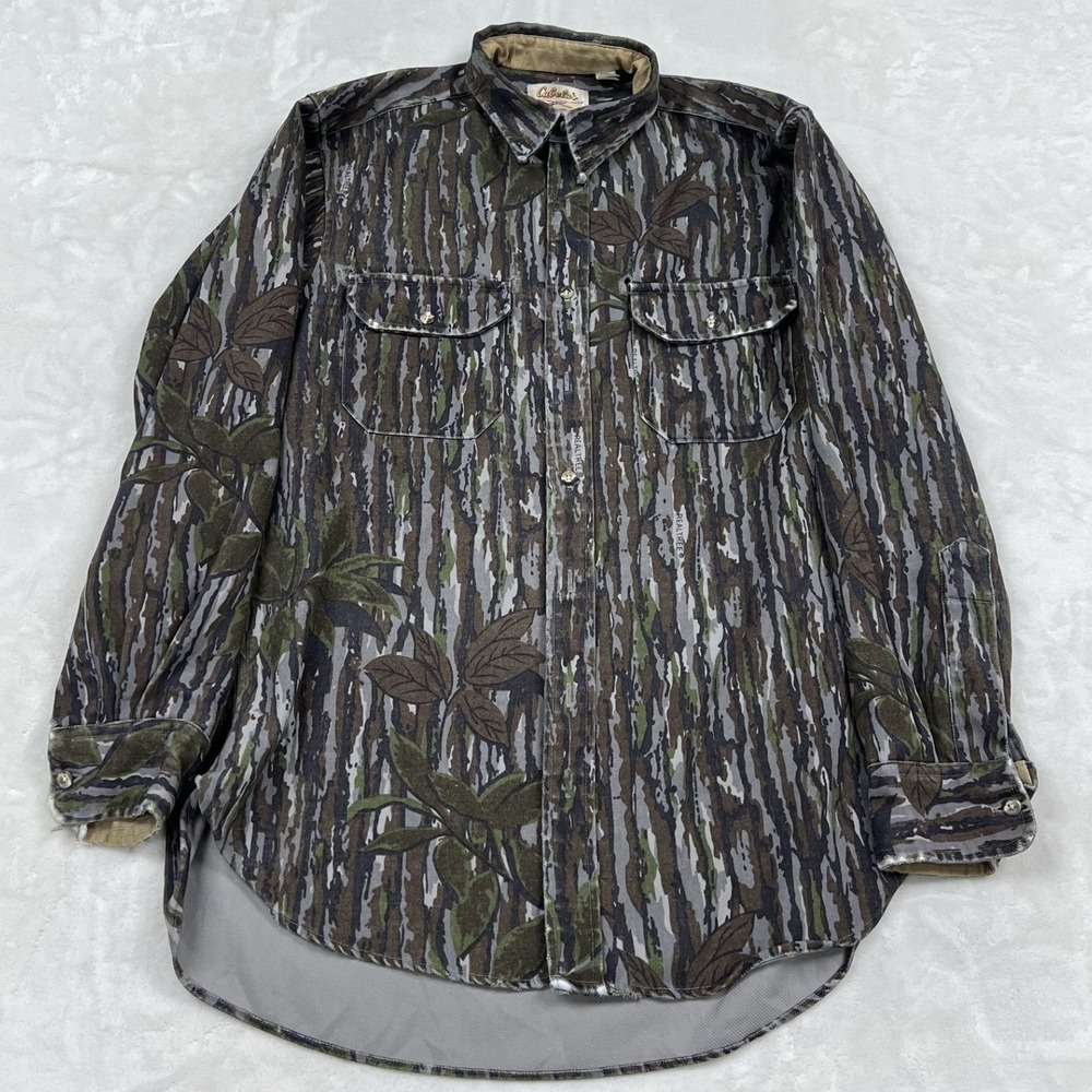 Cabela's Button Down Shirt Mens L Camo Tree Bark Long Sleeve Hunting Utility